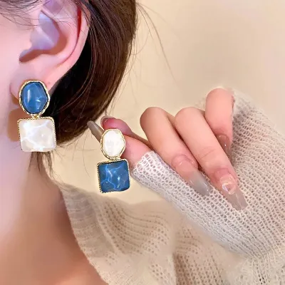 Blue White Geometric Drop Earrings